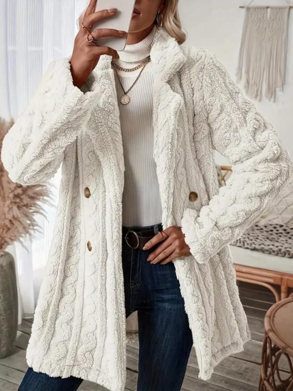 Women's Solid Double Button Lapel Faux Fur Coat, Elegant Long Sleeve Warm Outerwear for Fall & Winter, Women's Clothing for Daily Wear